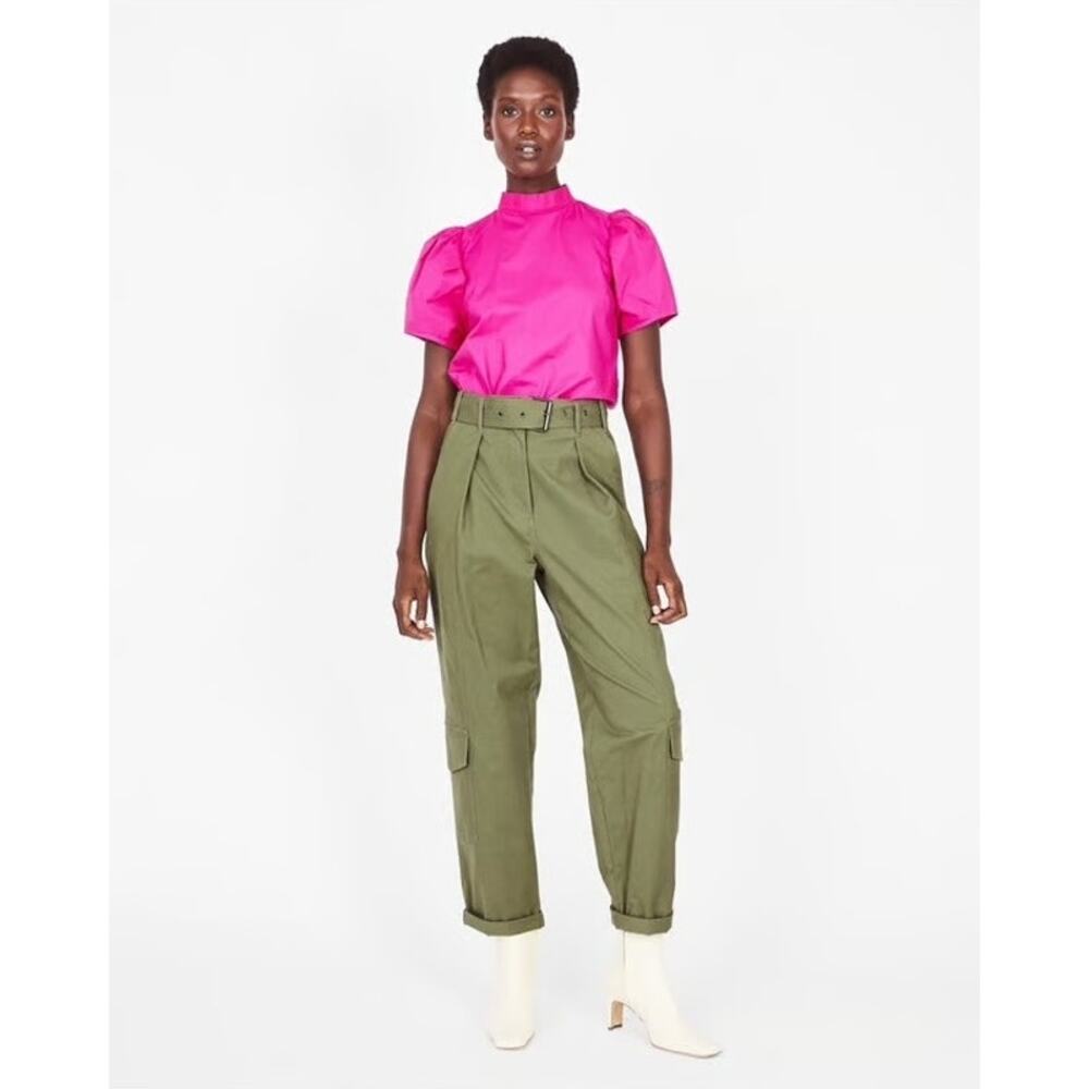 Tanya Taylor Megan Refined Cargo Pants Green Utility Trouser Belted NWOT 0 XS